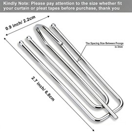 Curtain Pleat Hooks Stainless Steel, 60 Pack Drapery Hook and Pins for Pleated Drapes 4 Prongs Pinch Pleat Hooks for Window Door Bathroom Curtain,(2.7x0.9 inch, Silver)