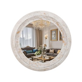 Round Substantial Beveled Hand Hammered Metal Frame In Rustic White, Modern And Traditional, Farmhouse, Cottage, for Bathroom Bedroom Living Room Home Office Entryway (Rustic White, 30"x30")