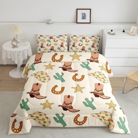 Feelyou Western Decor Bedding Set Full Size Wild West Cowboy Comforter Set for Kids Boys Girls Decor Cowboy Boots Cowboy Hat Horseshoe Cactus Comforter Yellow Duvet Set