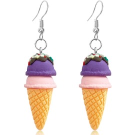 JIMARIN Handmade Cute Simulation Soft Clay Ice Cream Dangle Drop Earrings Funny Double Ball Ice Cream Candy Hook Earrings For Women (Purple Pink)