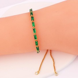 Jeolory Adjustable 14K Gold Plated Chain Emerald Rhinestone Stretch Charm Bracelets Friendship Open Bangle Wrist Cuff Sparkling Elegant Jewelry for Women