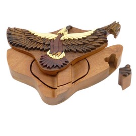 Hawk - All Natural Wood Intarsia Puzzle Box - Handcrafted with Secret Compartment