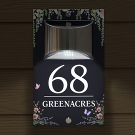 Custom Signs Solar Illuminated Modern Anthracite Grey House Number Sign 24cm x 14.5cm Flower Border Design