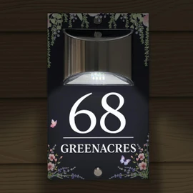 Custom Signs Solar Illuminated Modern Anthracite Grey House Number Sign 24cm x 14.5cm Flower Border Design