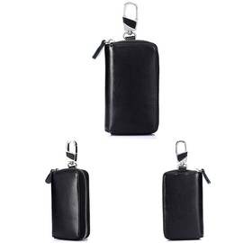 Genuine Leather Key Case Car Key Wallet with 12 Hook Zip Around Keychain Holder for Men and Women (Black Smooth Leather)