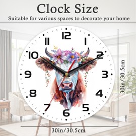ENUIEO Wall Clock, 10 Inch Silent Non-Ticking Home Kitchen Decor, Battery Operated for Bathroom Bedroom Living Room Office(Highland Cows Flowers)
