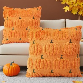 LMSHOWOWO Pack of 2 Autumn Cushion Covers, 45 x 45 cm, Orange Pumpkins, Autumn Cushion Covers, Plush Autumn Decoration Cushion Cover, Thanksgiving Sofa Cushion Decorative Cushion for Fall Home