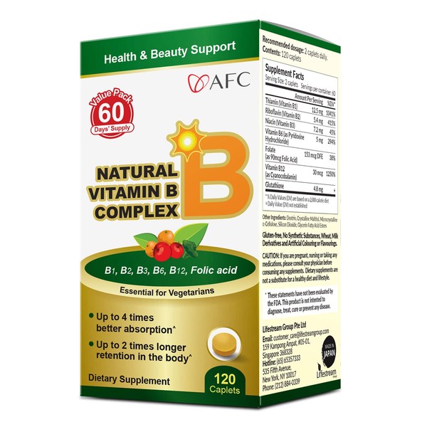 AFC Japan Natural Vitamin B Complex with B1, B2, B3, B6, B12, Folic Acid & Glutathione Yeast Extract, No Synthetics, Non-GMO, Supplement for Stress, Energy, Immune & Nervous System,120 Vegan Caplets