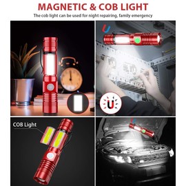 Vnina Rechargeable Tactical Flashlight, USB Magnetic Flashlights with COB Flash Light - 4 Models, Zoomable, Waterproof, LED Tactical Flashlight High Lumen Bright for Indoor Outdoor Camping 2 Pack Red