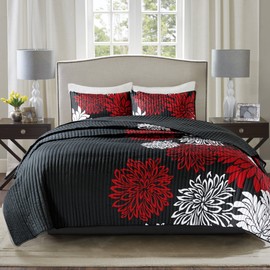 Comfort Spaces Enya Quilt Set - Casual Floral Print Channel Stitching Design, All Season, Lightweight Coverlet, Cozy Bedding, Matching Shams, Decorative Pillows, Full/Queen(90"x90"),Red/Black 3 Piece