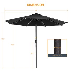 Bonosuki 9' Solar LED Outdoor Umbrella Patio Umbrella 2-Year-Non-Fading Steel Market Umbrella with Push Button Tilt and Crank,Black