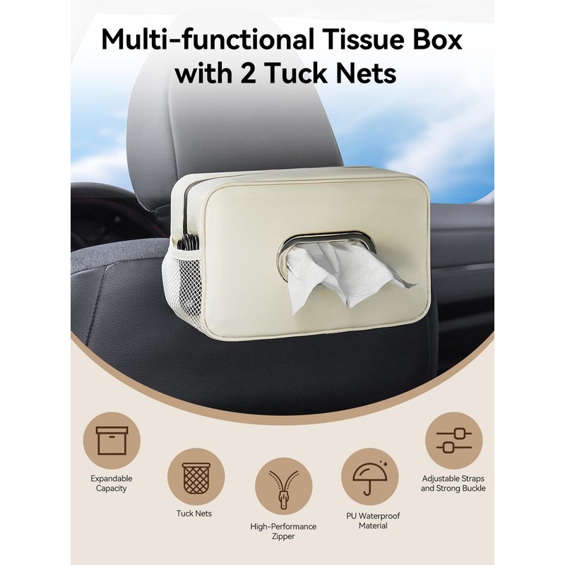 Multi-Functional Car Tissue Holder with ‌2 Storage Nets, Upgraded PU