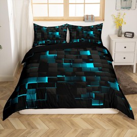 Teal And Black Bedding Sets Single,Neon Turquoise Geometric Check Comforter Cover For Kids Boys Girls Adults Stereoscopic Abstract Plaid Grids Duvet Cover Geometry Square Quilt Cover