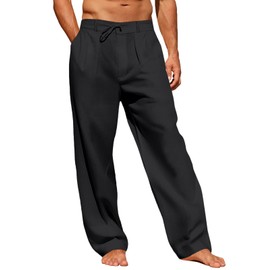 Runcati Mens Linen Cotton Casual Pants Elastic Waist Drawstring Lightweight Pants Loose Fit Summer Beach Yoga Trousers Black
