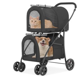 Athena Collection Double Pet Stroller with 2 Detachable Carrier Bag, Foldable Dog Strollers for Small Medium Dog Cat Strollers for 2 Cats with Safety Rope, Lockable Wheels, Pocket for Travel, Black