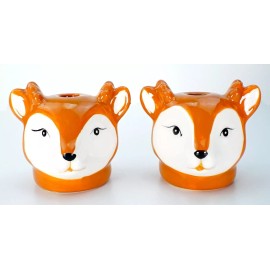 H for Happy Reindeer Candle Holder Stoneware Taper Decor Holiday Hand Carved Festive 2 Pack