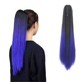 iLUU Women Synthetic Hairpiece Two Tone Long Straight Claw on in Ponytail Pony Tail Hair Extension Extensions for Party Cosply 130g/24"/60cm (1B# Natural Black to 61C# Blue)