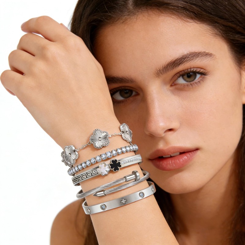 Camhanno Silver Bangle Bracelets for Women - Stainless Steel Stackable