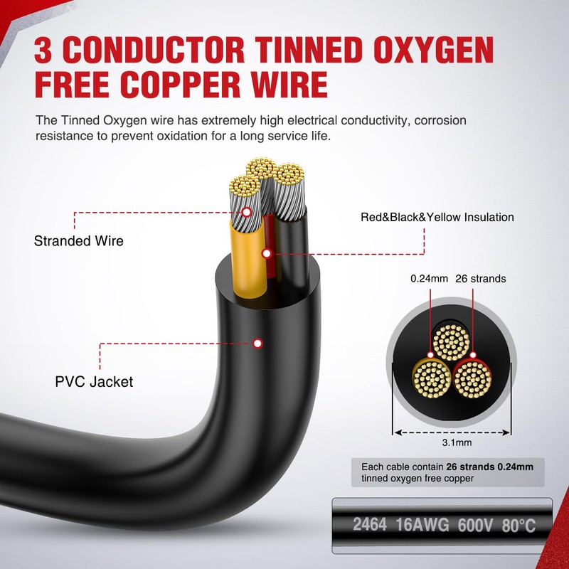 Nilight 100FT 16 Gauge 3 Conductor Electrical Wire Tinned Oxygen
