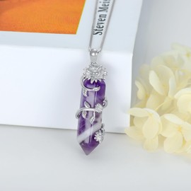 Shusukue Amethyst Healing Crystal Necklace Sterling Silver Sunflower Necklace Wire Wrapped Natural Crystal Point Pendant Hexagon Reiki Energy Stone Jewelry for Women Men