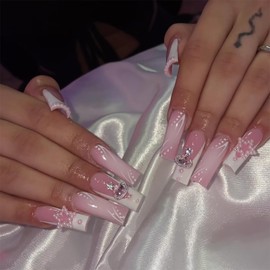 Long Square Press on Nails SWEKKE French Tip Fake Nails Pink Gradient Star Charm Full Cover False Nails with Designs Plant Rhinestones Glossy Glue on Nails Artificial Nails for Women Girls 24Pcs