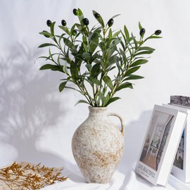 Vintage Ceramic Vase with Fake Olive Branches, Farmhouse White Vase with 2Pcs Faux Olive Plant Greenery for Home Bedroom Living Room Side Table Entryway Dining Table Decor