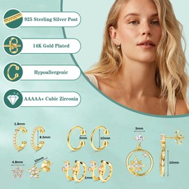 JeweBella 4-6 Pairs 14K Gold Plated Sterling Silver Earrings for Women Hypoallergenic Stud Hoops Earrings Set Zircon Ear Cuff Dangle Earrings Stacks Dainty Hoop Earring Sets for Multiple Piercings