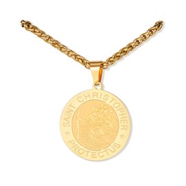 Rajputana St Christopher Necklace for Men Boys, Stainless Steel Saint Christopher Protect Us Medal Pendant Chain, Religious Baptism Catholic Jelwellry Gifts Gold