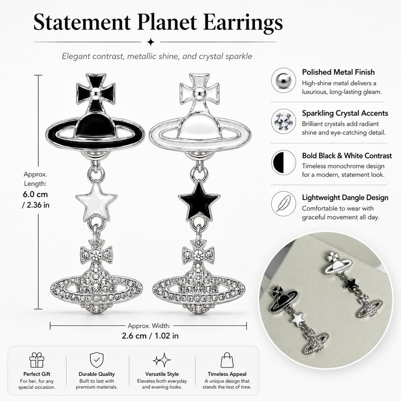 Cute Silver Plated Saturn Stud Earrings Planet Charms Cubic Zircon