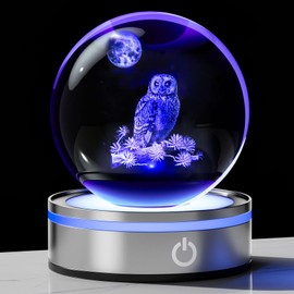 Kertari K9 Crystal Ball Owl Figurine Birthday Present for Men and Women Popular [Genuine] Interior Owl Figurine Stylish Healing Goods Owl Crystal Ball LED Light Base Indirect Lighting Ambiance