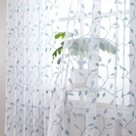 Tollpiz Leaves Short Sheer Curtain Teal Blue Leaf Embroidery Living Room Curtains Rod Pocket Voile Faux Linen Embroidered Leaves Curtain for Bedroom, 38 x 45 inches Long, Set of 2 Panels