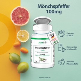 Monk's Pepper 100 mg - with 6 mg Zinc per Daily Dose - 120 Tablets - High Dose - 100% Vegan - German Production & Laboratory Test - NutriFair | Premium & Fair
