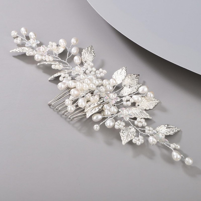 Chargances Handmade Wedding Pearl Beaded Hair Comb Bridal Silver Leaf