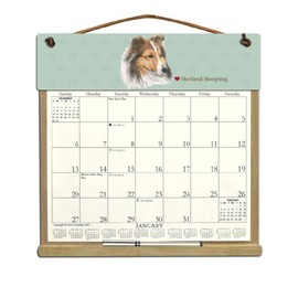 Wooden Refillable Sheltie Calendar Holder filled with a 2025 calendar and includes an order form page for 2026. We'll include the rest of 2024, too, in case you need it. - SHELTIE