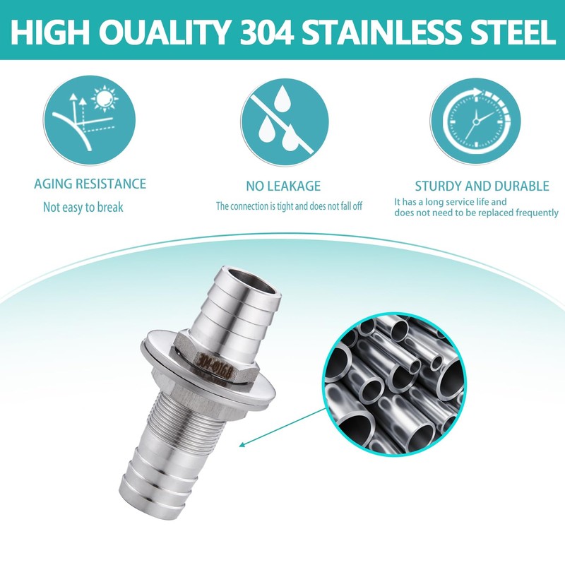 5/8" Hose Barb Thru-Bulk Bulkhead Fitting,304 Stainless Steel Straight Hex