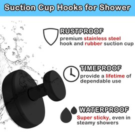 Suction Cup Hooks for Shower, Removable Vacuum Shower Hooks, Heavy Duty Towel Hooks for Bathrooms Kitchen Wall, Glass, Door, No Drill Loofah Bath Towel Hooks for Hanging - 2 Pack, Black