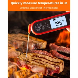 Brigii Meat Thermometer, Instant Read Digital Thermometer with 43in Extended Probe and Folding Probe, Oven-Safe Design, Kitchen Food Thermometer for Deep Fry, Grilling, and BBQ-Red