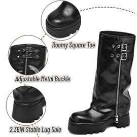 SLXCHBSL Women's Knee High Boots Buckle Moto Biker Boots for Women Platform Fold Over Tall Boots Chunky Low Heel Wide Calf Boots