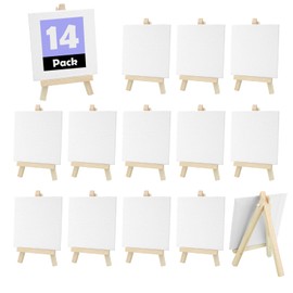 Pack of 14 Mini Canvas with Easel, SHAIDOJIO 8 x 15 cm Easel Small with 10 x 10 cm Mini Canvas, Foldable Small Table Easel Wood for Display for Photos Paintings Wedding Children Parties Phones