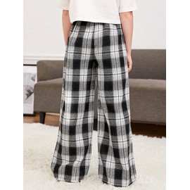 RoseSeek Girl's Plaid Wide Leg Pants Elastic High Waisted Trousers Trendy Sweatpants with Slant Pockets Black and White 11-12Y