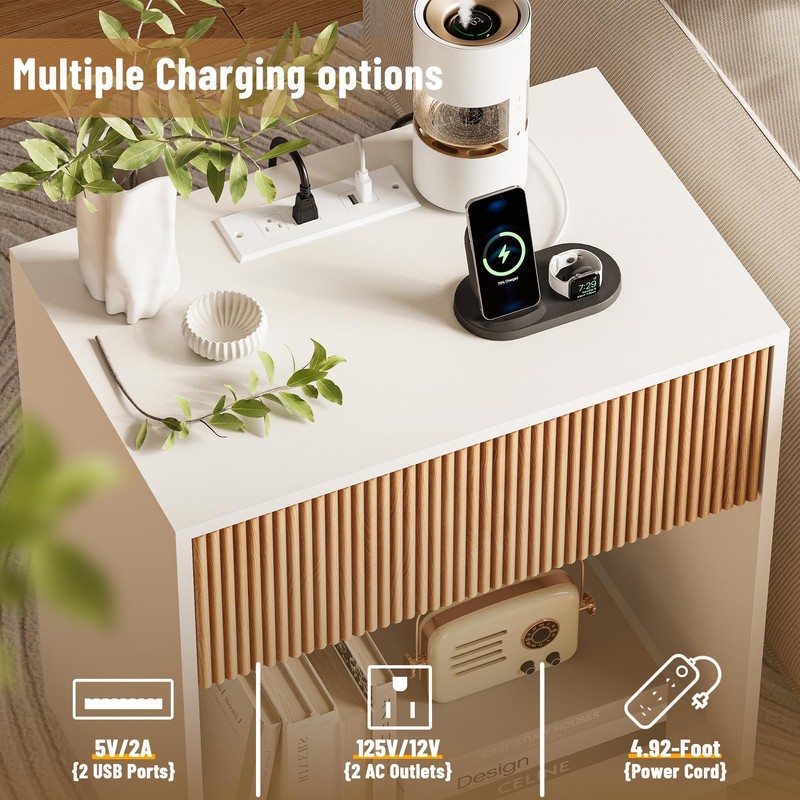 Fluted Nightstands Set of 2, Night Stand with Charging Station,