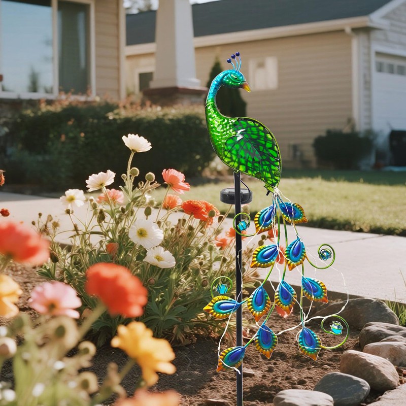 CBAXEAXM Solar Peacock Garden Stake Lights Outdoor, Waterproof Metal Glass