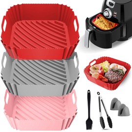 Air Fryer Silicona 7Pcs Kit,Bandeja para Hornear Reutilizable,3Pcs Cuadrado,Brocha de Silicon,Dos pares Guantes y Pinzas,para Cocina, Microondas,Freidora de aire, Baking