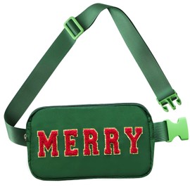 Christmas Fanny Pack, Merry Letter Belt Bag, Green Christmas Purse Crossbody Bag Nylon Adjustable Strap, Christmas Gifts For Girls Boys Women Men