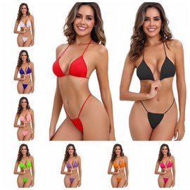 a6 Two-Piece Swimsuit 2025 New European & American Lace-Up Solid Color Split Bikini Women's Pink [With Chest Pad]+Free Size 10ea