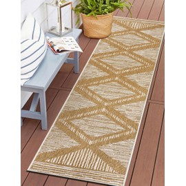 Rugshop Contemporary Geometric Stripe Weather Resistant Reversible Indoor/Outdoor Runner Rug 2' x 7' Natural