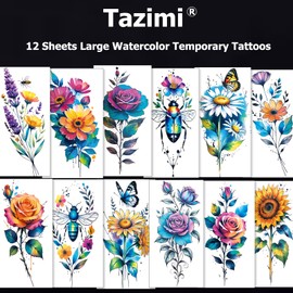 Tazimi 12 Sheets 3D Large Watercolor Flower Temporary Tattoos For Women Girls Watercolor Roses Flower Daisies Butterflies Tattoos Realistic Long Lasting Half Arm Leg Fake Tattoo Stickers