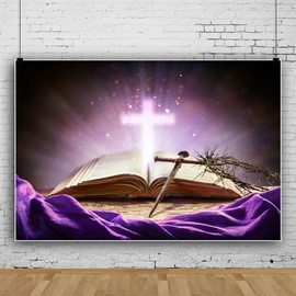 Mestiker 7x5ft Jesus Christ Cross Backdrop Purple Church Backdrop Banner Open Bible Nail Holy Light Photography Background Crucifixion Religious Belief Studio Props Vinyl