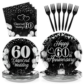 96Pcs Anniversary Decorations 60th Wedding Anniversary Party Plates Disposable Black Silver 60th Matrimony Celebration Paper Tableware Set for Women Men 60 Years of Love Party, Serves 24