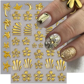 Gold Nail Art Stickers 5D Embossed Metallic Flowers Nail Stickers Bronzing Coconut Trees Turtle Starfish Nail Design Summer Nails Decals for Women Girls DIY Nails Decoration Accessories 2Pcs